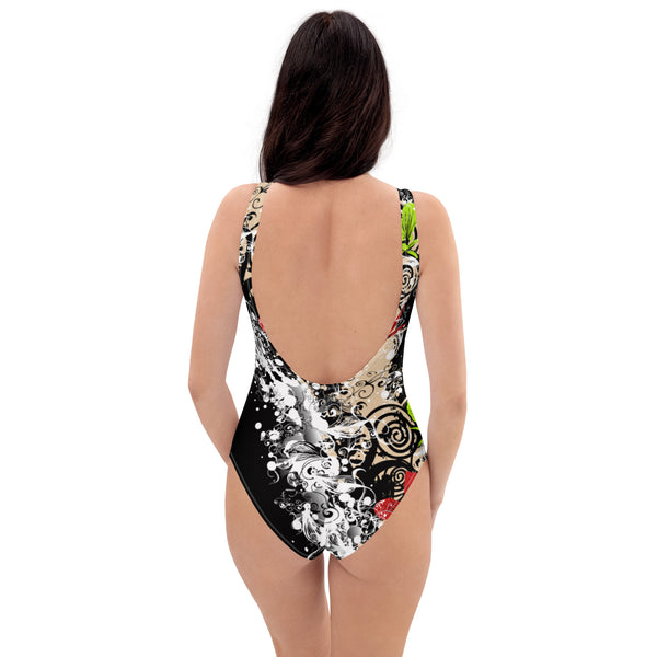 Red Flower One-Piece Swimsuit - black