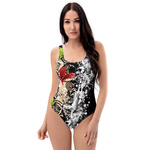 Red Flower One-Piece Swimsuit - black